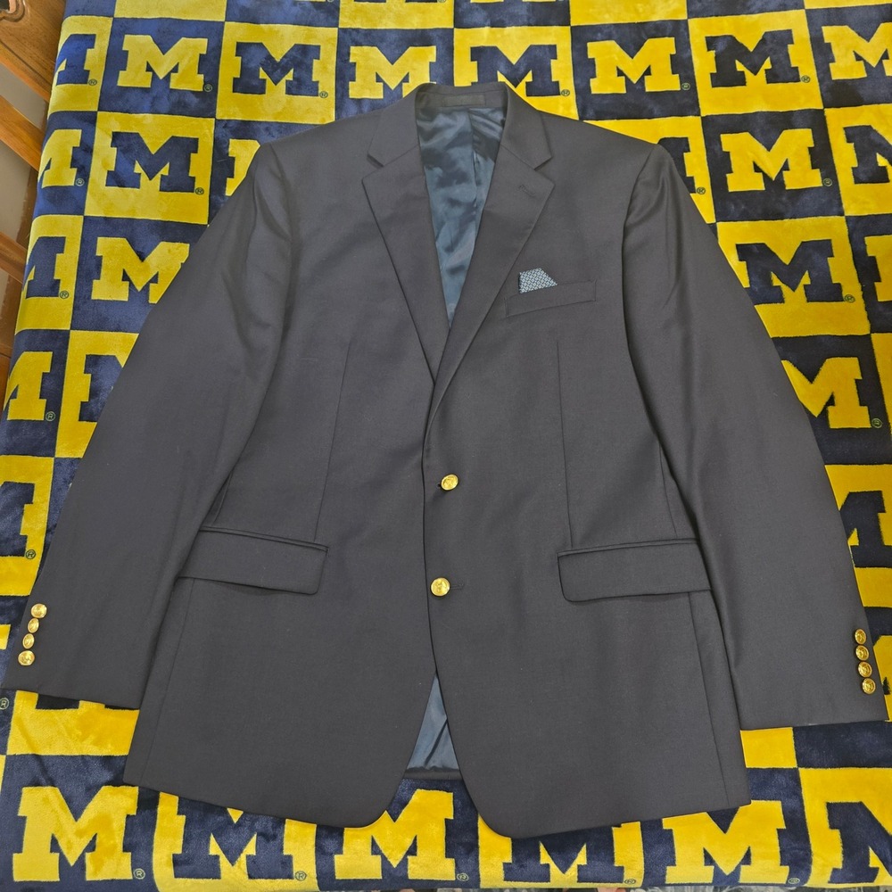 Lauren Ralph Lauren Mens 44L Navy Blue Wool Blend 2 Button Blazer Gold Buttons